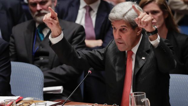 US Secretary of State John Kerry speaks during a heated Security Council meeting