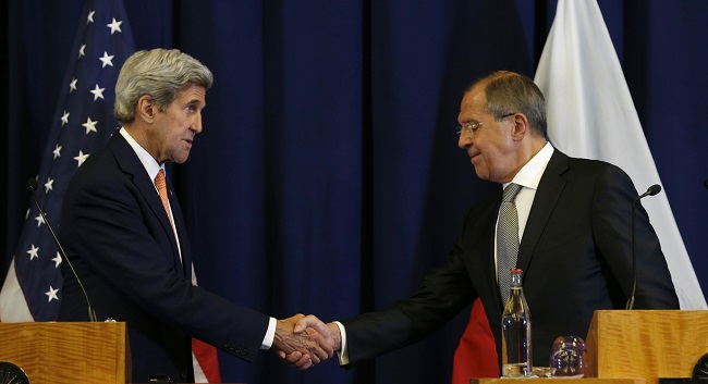 U.S. Secretary of State John Kerry left and Russian Foreign Minister Sergei Lavrov shake hands at the conclusion of a joint press conference following their meeting in Geneva Switzerland Friday Sept. 9 2016