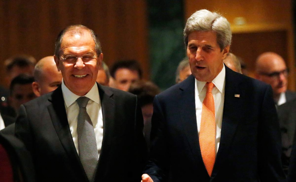 U.S. Secretary of State John Kerry left and Russian Foreign Minister Sergey Lavrov walk in to their meeting room in Geneva Switzerland Friday Sept. 9 2016 to discuss the crisis in Syria