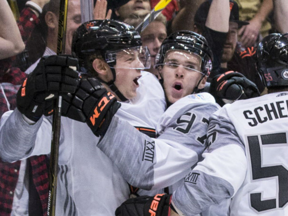 Team North America's Connor Mc David and Jack Eichel celebrate a goal against Finland during the World Cup of Hockey