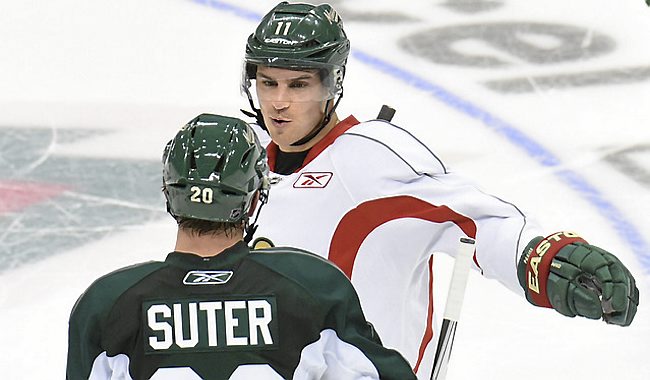 Minnesota Wild's Zach Parise right and Ryan Suter chat at the Minnesota Wild training camp on Sept. 18 2015 at Xcel Energy Center in St. Paul