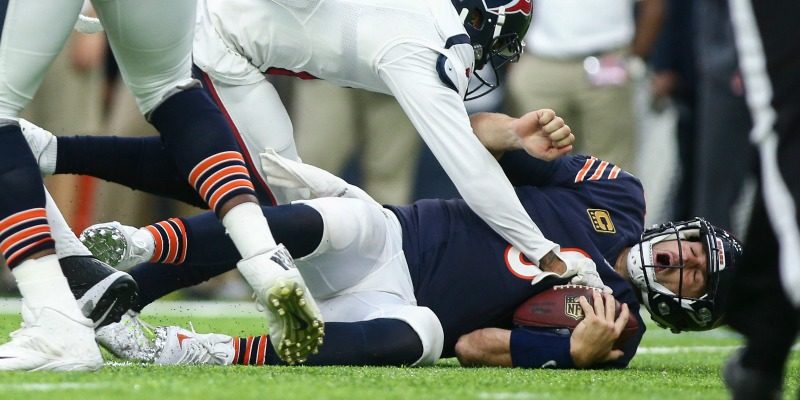 Sep 11 2016 Houston TX USA Chicago Bears quarterback Jay Cutler is sacked by Houston Texans cornerback A.J. Bouye during the fourth quarter at NRG Stadium. The Texans won 23-14