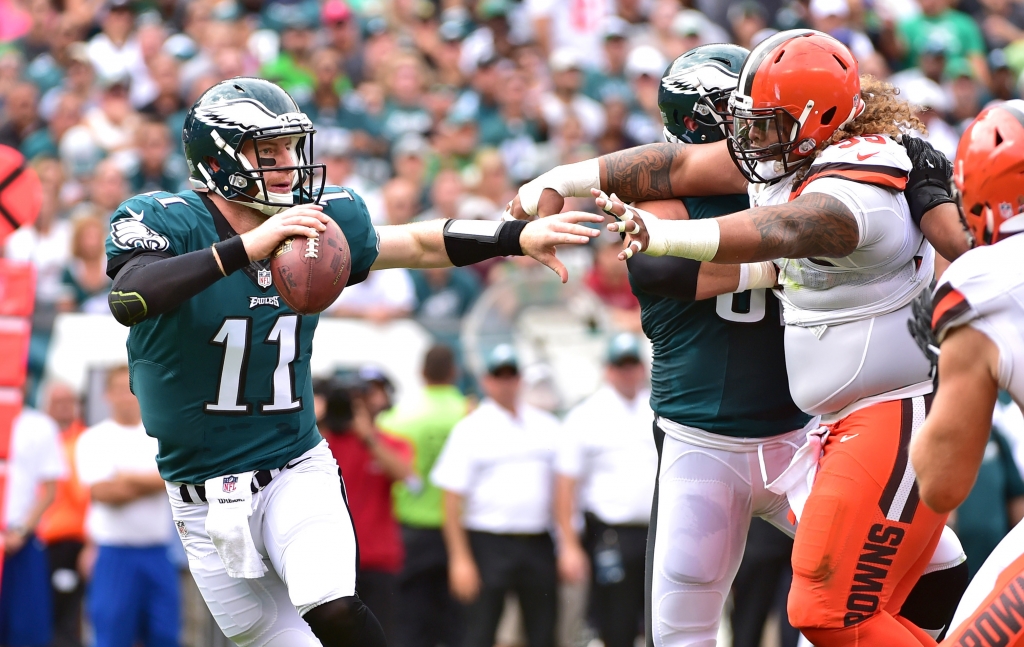 Sep 11 2016 Philadelphia PA USA Philadelphia Eagles quarterback Carson Wentz under pressure from Cleveland Browns defensive lineman Danny Shelton during the first quarter at Lincoln Financial Field. Mandatory Credit Eric Hartline-USA TODAY