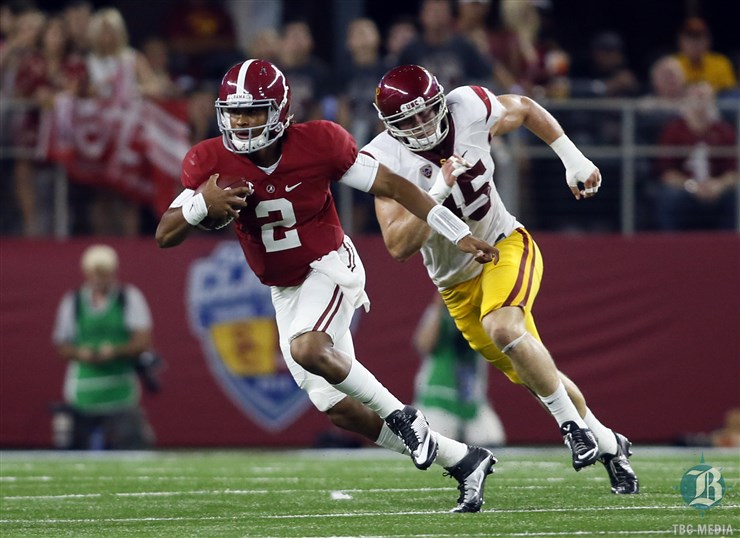 USA Today Sports   Alabama quarterback Jalen Hurts runs as USC’s Porter Gustin pursues during the first half at AT&T Stadium on Saturday