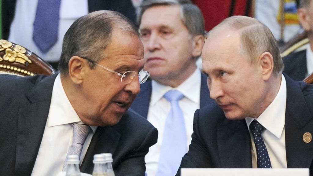 Russian President Vladimir Putin right and Russian Foreign Minister Sergey Lavrov at a CIS summit in Bishkek Kyrgyzstan Saturday Sept. 17 2016