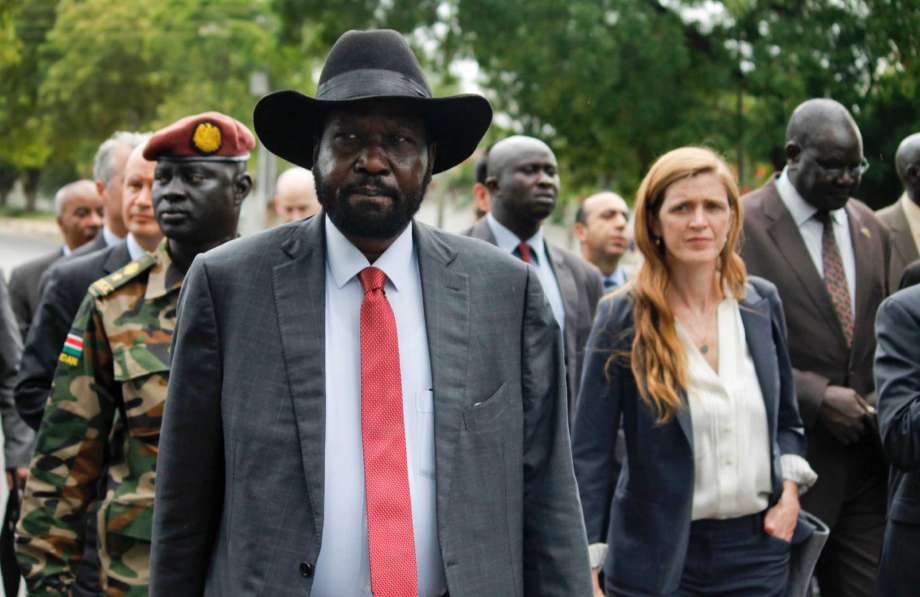 South Sudan's President Salva Kiir left takes members of the UN Security Council including U.S. Ambassador to the United Nations Samantha Power right on a tour outside the presidential compound in the capital Juba South Sudan Sunday Sept. 4 2016