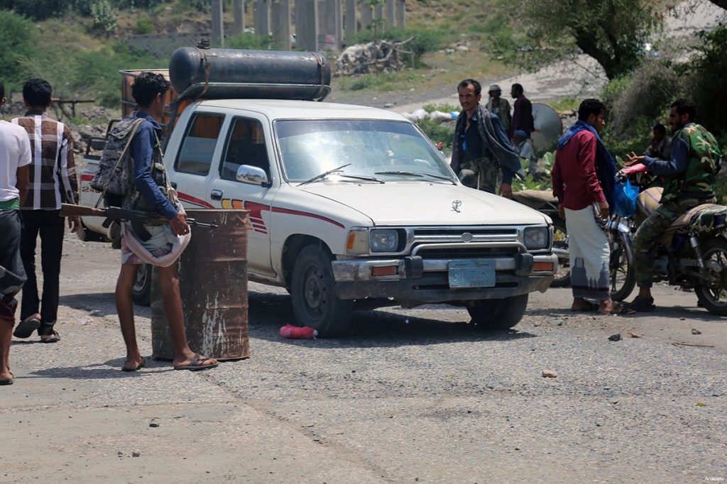 People's Resistance Forces loyal to President of Yemen Abd Rabbuh Mansur Hadi members are seen after they took control of Souq Al Dabab district from houthi forces in Taiz Yemen