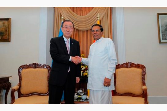 Sri Lankan president Maithripala Sirisena right poses with U.N. Secretary General Ban Ki-moon during their meeting in Colombo Sri Lanka Thursday Sept. 1 2016. Ban began the visit to Sri Lanka on Wednesday during which he is expected to discuss post