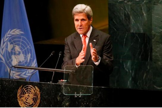 United States Secretary of State John Kerry addresses a high-level event on the entry into force of the Paris Agreement on climate change during the 71st session of the U.N. General Assembly at U.N. Headquarters Wednesday Sept. 21 2016. (AP