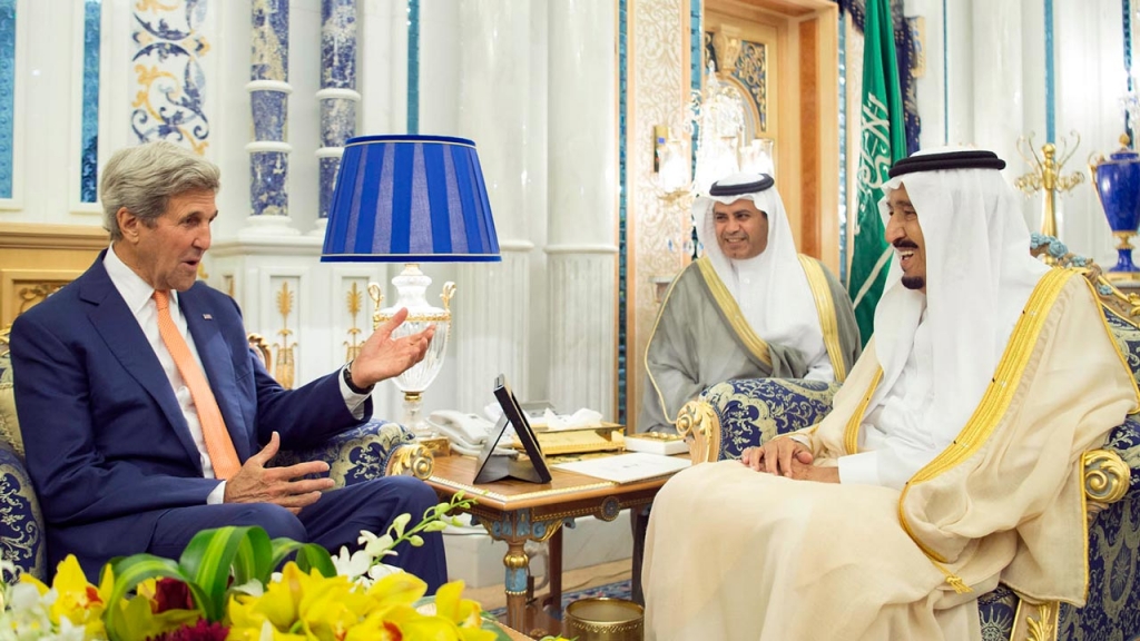 Saudi Press Agency shows US Secretary of State John Kerry meeting with Saudi King Salman bin Abdulaziz in Jeddah