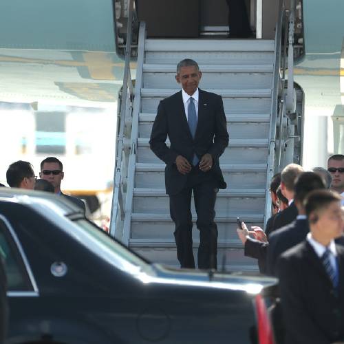 Barack Obama arrives on Air Force One at the Hangzhou Xiaoshan International Airport Saturday Sept. 3 2016 in Hangzhou China to attend the G-20 summit. Obama is expected to meet with China's President Xi Jinping Saturday