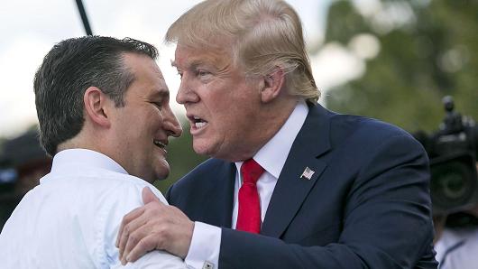 Republican presidential candidate Donald Trump greets fellow candidate Sen. Ted Cruz R-Texas at a rally organized by Tea Party Patriots on Capitol Hill in Washington Wednesday Sept. 9 2015 to oppose the Iran nuclear agreement