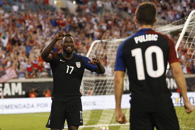 United States forward Jozy Alitdore and midfielder Christian Pulisic celebrate after a goal