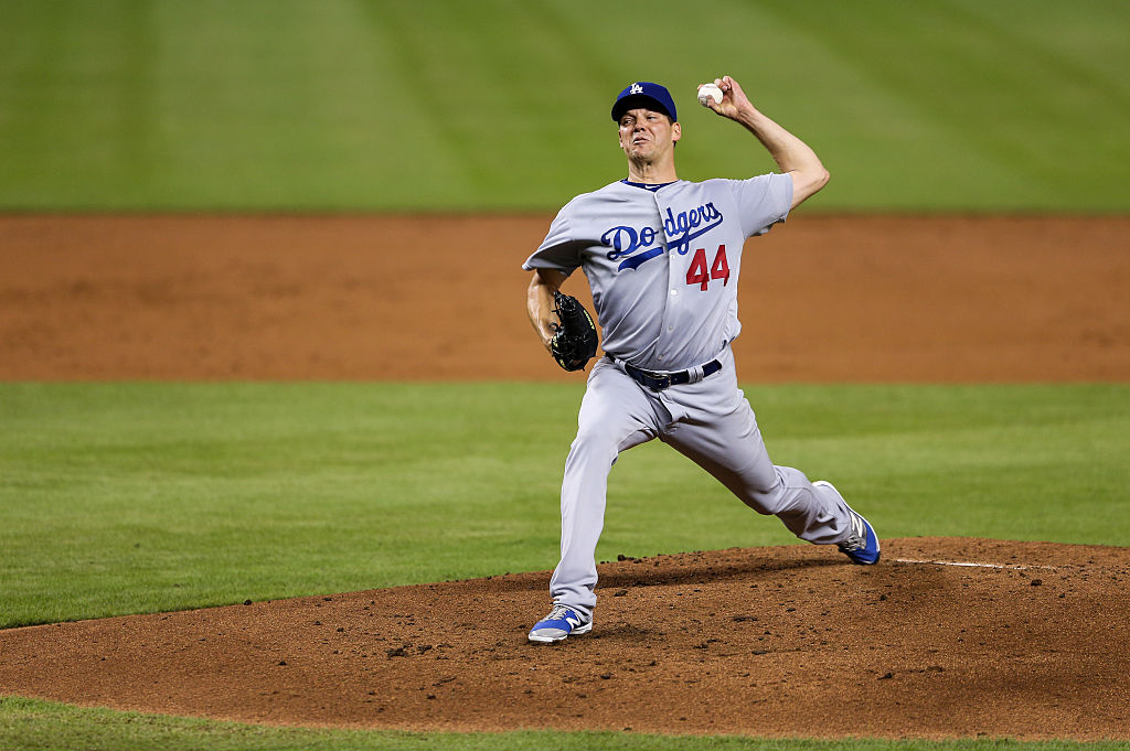 MIAMI FL- SEPTEMBER 10 Rich Hill #44 of the Los Angeles Dodgers pitches during the third inning of the game against the Miami Marlins at Marlins Park