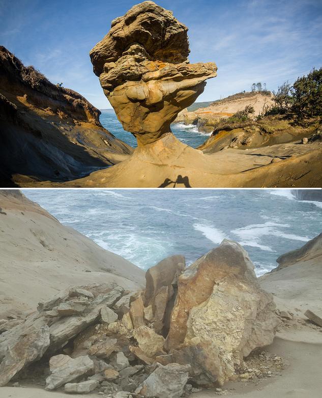 The'Duckbill sandstone pedestal at Cape Kiwanda State Natural Area before-and after it was toppled