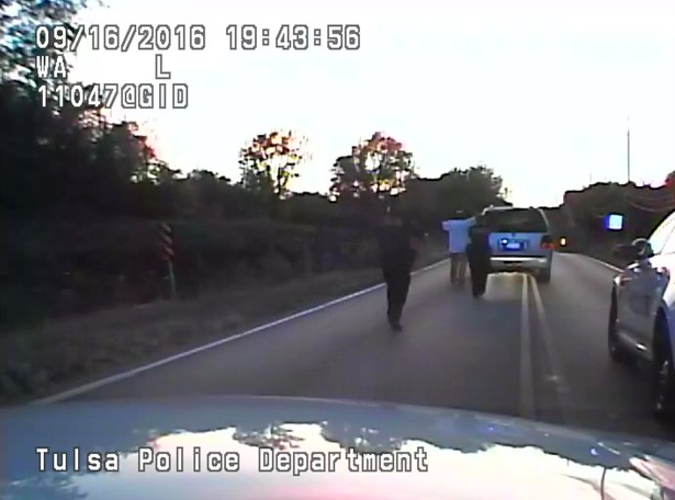 A still from the police video showing Terence Crutcher being approached by police officers in Tulsa Oklahoma