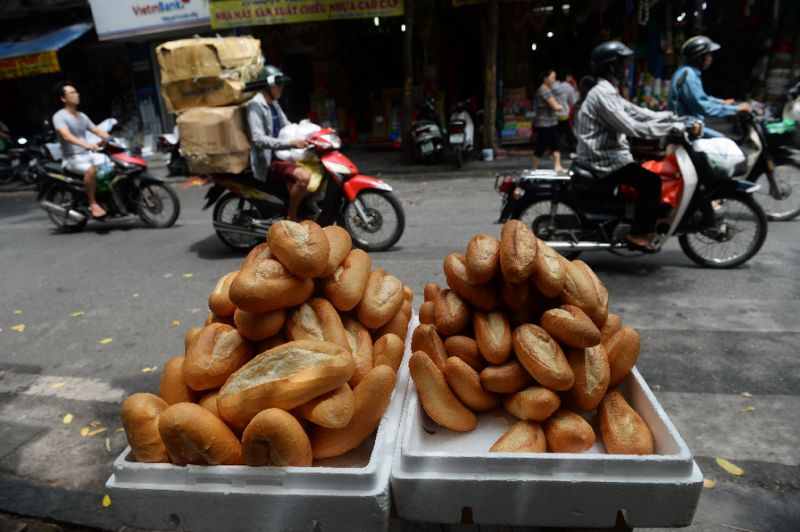 39;Banh mi&#39 are displayed for sale on a sidewalk in central Hanoi