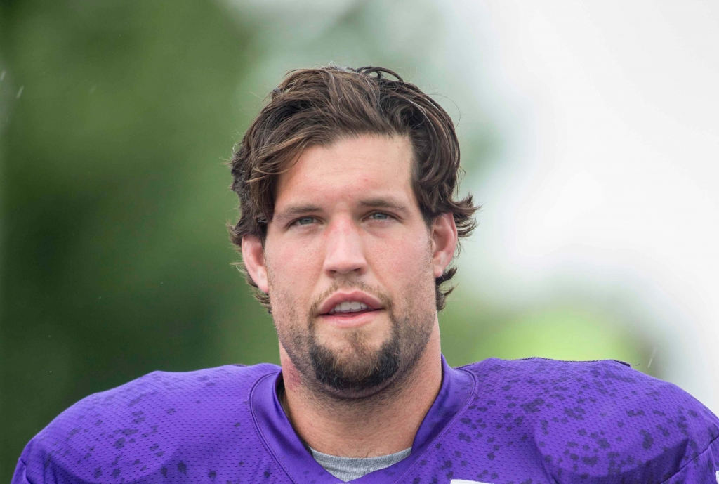 Aug 1 2016 Mankato MN USA Minnesota Vikings guard Alex Boone walks to the afternoon session of training camp at Minnesota State University. Mandatory Credit Bruce Kluckhohn-USA TODAY Sports