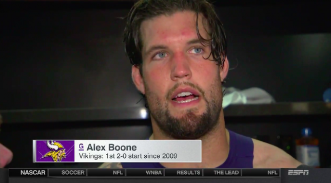 Vikings lineman Alex Boone wants Vikings fans to “shut the f*** up”		Posted by	David Lauterbach on Sep 19 2016 11:20