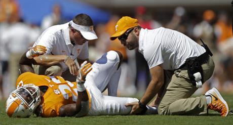 Tennessee defensive back Cameron Sutton is attended to after being injured in the first half of an NCAA college football game against Ohio Saturday Sept. 17 2016 in Knoxville Tenn