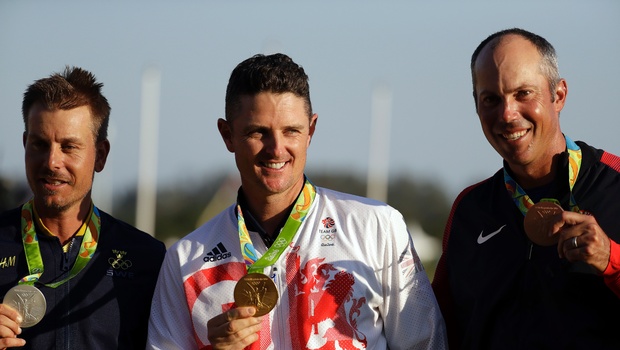 The medalists are seen from left to right silver medalist Henrik Stenson of Sweden gold medalist Justin Rose of Great Britain and bronze medalist Matt Kuchar of the United States after the final round of the men's golf event at the 2016 Summer Olympi