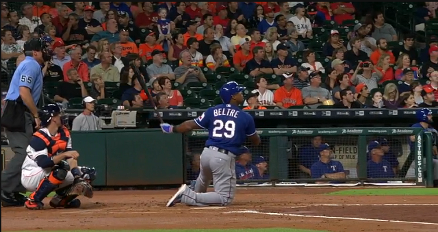 WATCH Adrian Beltre cranks dinger No. 30 while on one knee		Posted by	Matt Clapp on Sep 13 2016 21:54