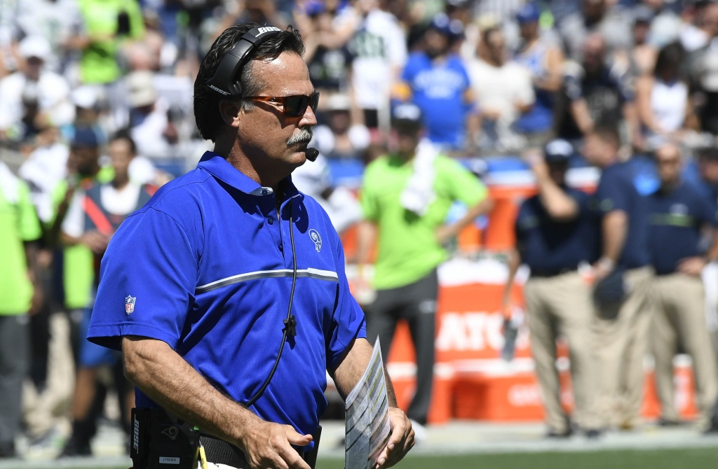 Sep 18 2016 Los Angeles CA USA Los Angeles Rams head coach Jeff Fisher during the first half of a NFL game against the Seattle Seahawks at Los Angeles Memorial Coliseum. Mandatory Credit Richard Mackson-USA TODAY Sports