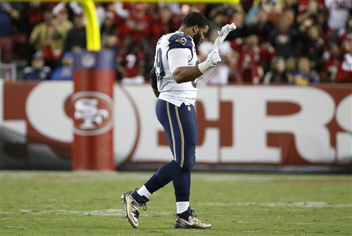 Los Angeles Rams defensive tackle Aaron Donald walks off the field after being ejected during the second half of an NFL football game against the San Francisco 49ers in Santa Clara Calif. Monday Sept. 12 2016