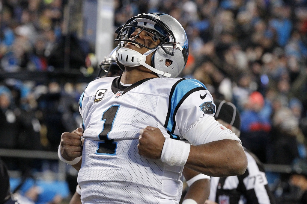 Jan 24 2016 Charlotte NC USA Carolina Panthers quarterback Cam Newton celebrates after scoring a touchdown during the third quarter against the Arizona Cardinals in the NFC Championship football game at Bank of America Stadium. Mandatory Credit