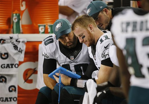 Philadelphia Eagles quarterbacks Carson Wentz  Chase Daniel check a computer tablet on the sideline during the first half of an NFL football game against the Chicago Bears Monday Sept. 19 2016 in Chicago