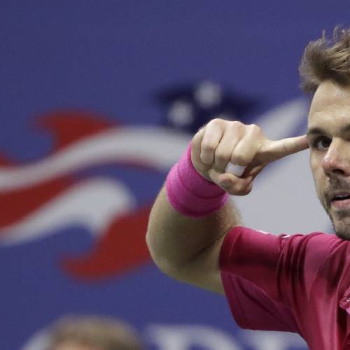 Switzerland reacts after a point to Novak Djokovic of Serbia during the men's singles final of the U.S. Open tennis tournament Sunday Sept. 11 2016 in New York