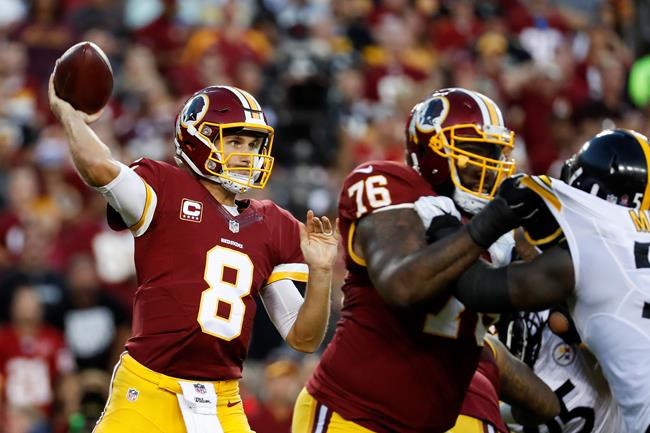 Washington Redskins quarterback Kirk Cousins passes the ball during the first half of an NFL football game against the Pittsburgh Steelers in Landover Md. Monday Sept. 12 2016