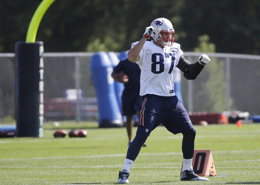 New England Patriots tight end Rob Gronkowski makes a move during football team practice Wednesday Sept. 14 2016 in Foxborough Mass