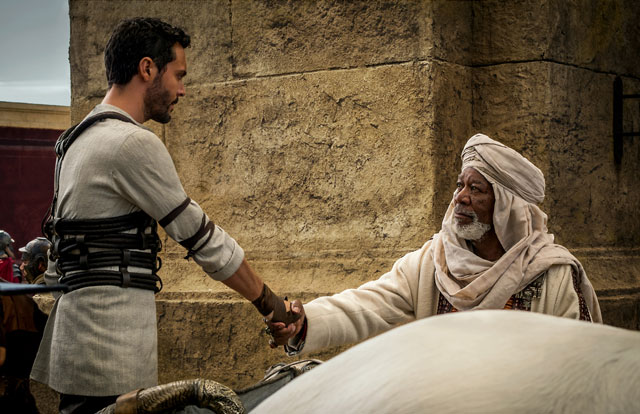 Jack Huston and Morgan Freeman in Ben-Hur