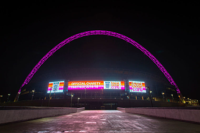 Wembley Stadium lit up for breast cancer awareness