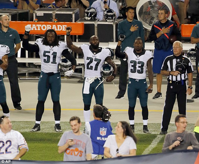 Philadelphia Eagles Steven Means, strong safety Malcolm Jenkins and defensive back Ron Brooks joined Colin Kaepernick's protest of the national anthem on Monday night