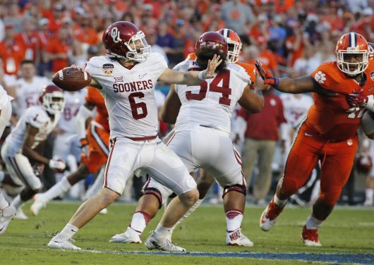 Oklahoma quarterback Baker Mayfield sets up to pass in the second quarter against Clemson in the Capital One Orange Bowl at Sun Life Stadium in Miami Gardens Fla. on Thursday Dec. 31 2015. Clemson won 37-17