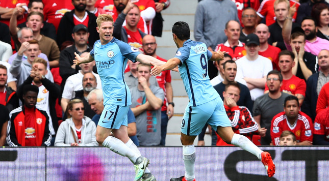 MANCHESTER ENGLAND- SEPTEMBER 10 Kevin De Bruyne of Manchester City celebrates scoring his sides first goal with Nolito of Manchester City during the Premier League match between Manchester United and Manchester City at Old Trafford