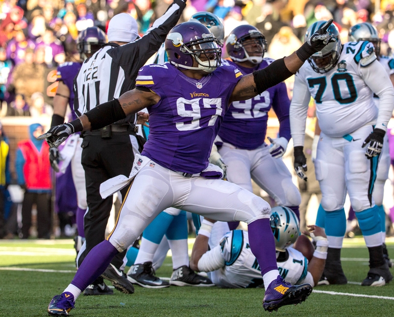 Nov 30 2014 Minneapolis MN USA Minnesota Vikings defensive end Everson Griffen celebrates his sack during the fourth quarter against the Carolina Panthers at TCF Bank Stadium. The Vikings defeated the Panthers 31-13. Mandatory Credit Brace Hemm