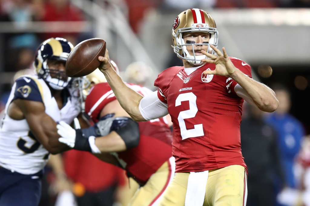 SANTA CLARA CA- SEPTEMBER 12 Blaine Gabbert #2 of the San Francisco 49ers looks to pass against the Los Angeles Rams during their NFL game at Levi's Stadium