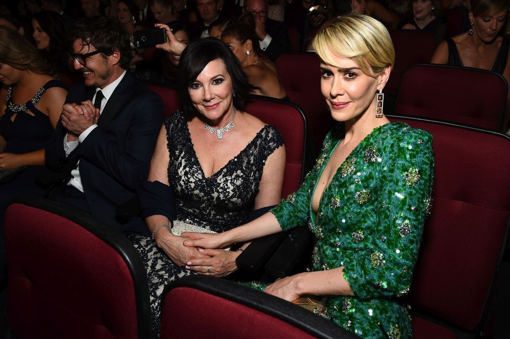 IMAGE DISTRIBUTED FOR THE TELEVISION ACADEMY- EXCLUSIVE- Marcia Clark left and Sarah Paulson appear in the audience at the 68th Primetime Emmy Awards on Sunday Sept. 18 2016 at the Microsoft Theater in Los Angeles