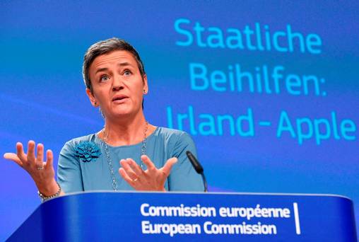 EU Competition Commissioner Margrethe Vestager talks during a press conference ordering Apple to pay 13 billion euros in back taxes in Brussels. JOHN THYS  AFP  Getty Images