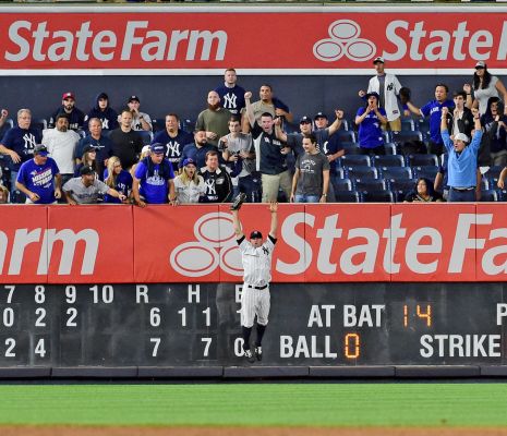 New York Yankees Brett Gardner celebrates after making