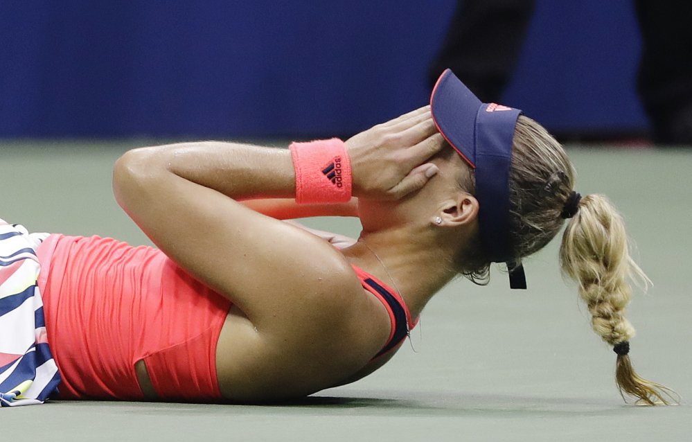 Angelique Kerber of Germany reacts after defeating Karolina Pliskova of the Czech Republic to win the women's singles final of the U.S. Open on Saturday in New York