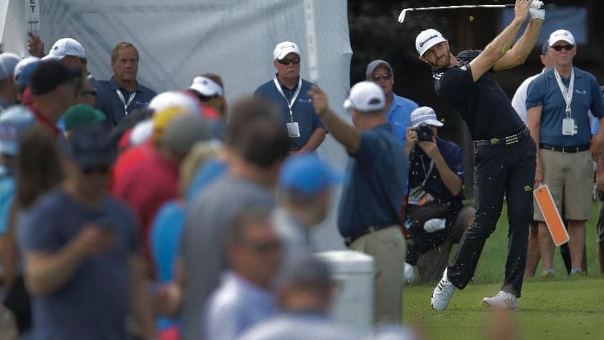 Dustin Johnson drives off the tee of the sixth hole during the third round of the BMW Championship golf tournament at Crooked Stick Golf Club in Carmel Ind. Saturday Sept. 10 2016