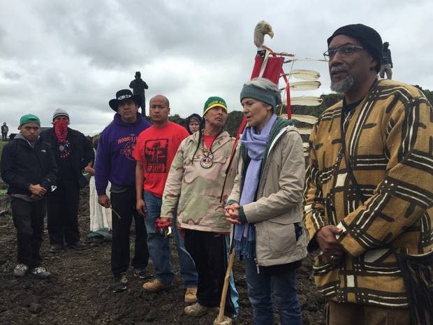 Donna Allard Green Party presidential candidate Jill Stein second from right participates in an oil pipeline protest Tuesday Sept. 6 2016 in Morton County N.D. North Dakota authorities plan to pursue charges against Gree