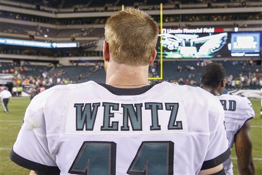 Philadelphia Eagles quarterback Carson Wentz heads off the field following the preseason NFL football game against the Tampa Bay Buccaneers Thursday Aug. 11 2016 in Philadelphia. The Eagles won 17-9