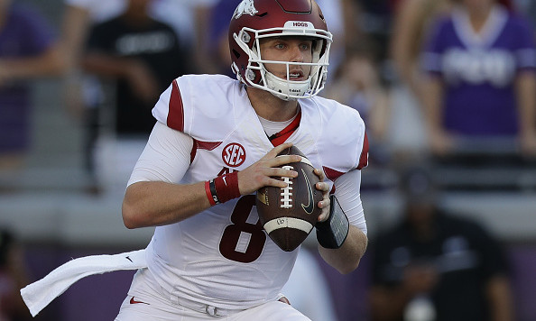 FORT WORTH TX- SEPTEMBER 10 Austin Allen #8 of the Arkansas Razorbacks throws against the TCU Horned Frogs in the first half at Amon G. Carter Stadium