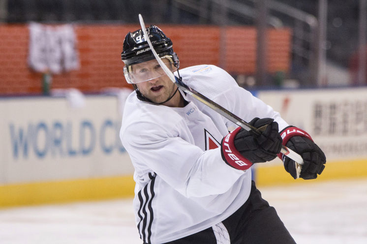 Team Canada's Steven Stamkos takes a shot during a training session ahead of the World Cup of Hockey in Toronto on Friday Sept. 16 2016. CHY119