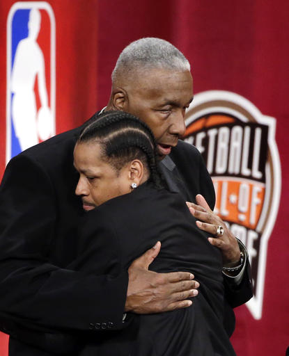 Basketball Hall of Fame inductee Allen Iverson left hugs presenter and former coach John Thompson during induction ceremonies at Symphony Hall Friday Sept. 9 2016 in Springfield Mass